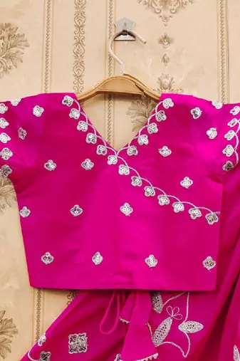 Girls pink floral embroidered silk zari ready to wear lehenga & blouse