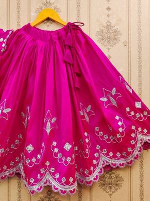Girls pink floral embroidered silk zari ready to wear lehenga & blouse 4