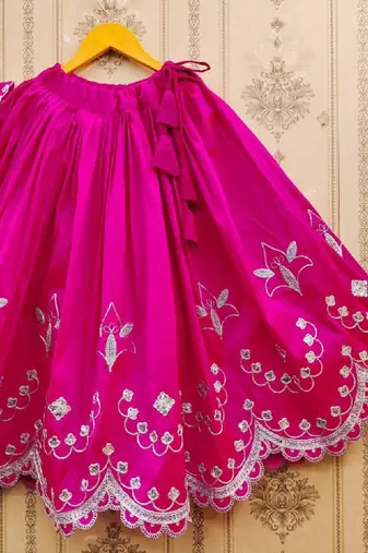 Girls pink floral embroidered silk zari ready to wear lehenga & blouse