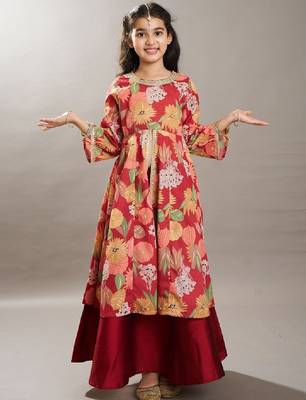 Girls floral printed anarkali kurta with skirt 1