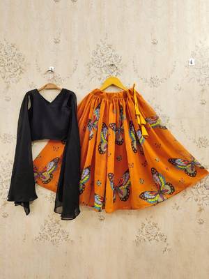 Girls orange printed drawstring lehenga choli 1