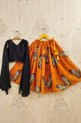Girls orange printed drawstring lehenga choli
