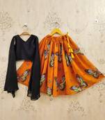Girls orange printed drawstring lehenga choli