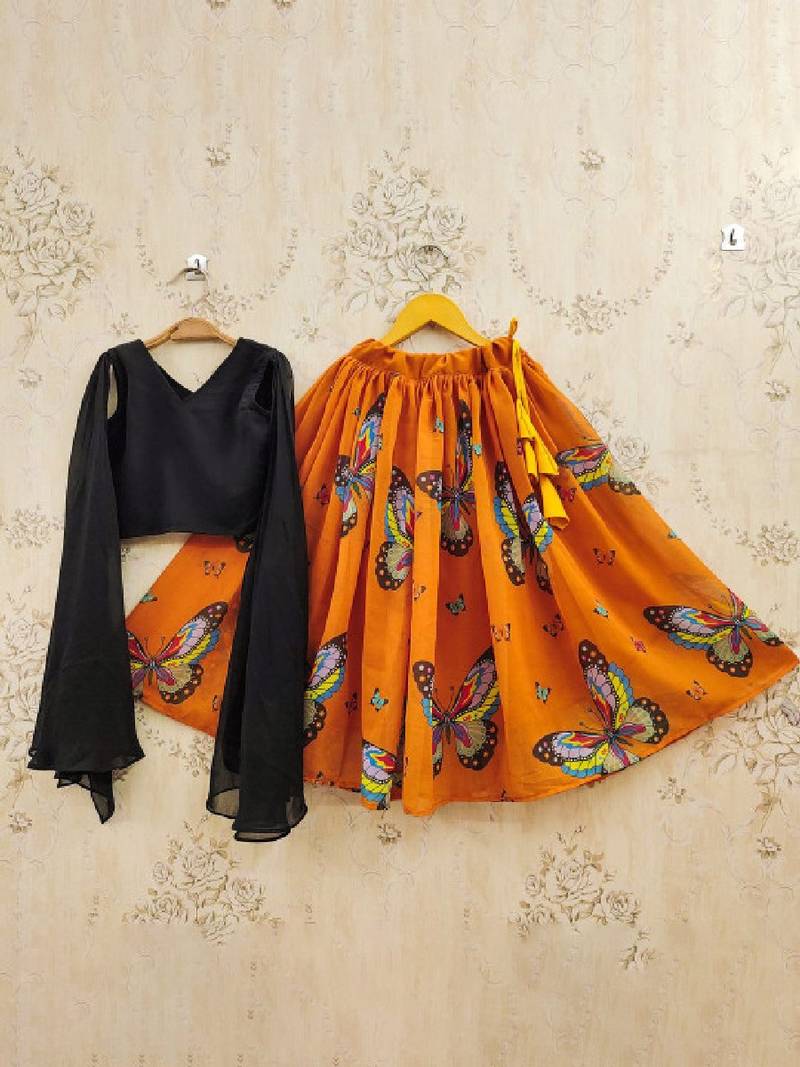 Girls orange printed drawstring lehenga choli