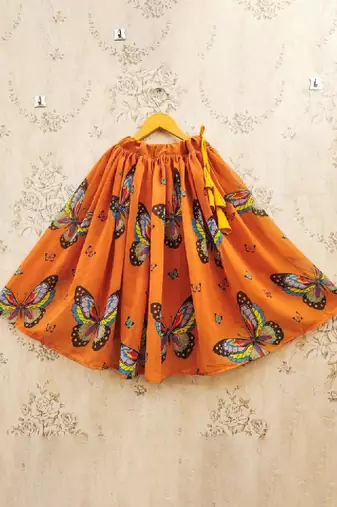 Girls orange printed drawstring lehenga choli