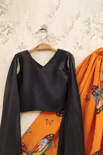Girls orange printed drawstring lehenga choli
