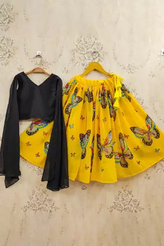 Girls yellow printed drawstring lehenga choli