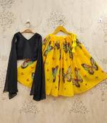 Girls yellow printed drawstring lehenga choli