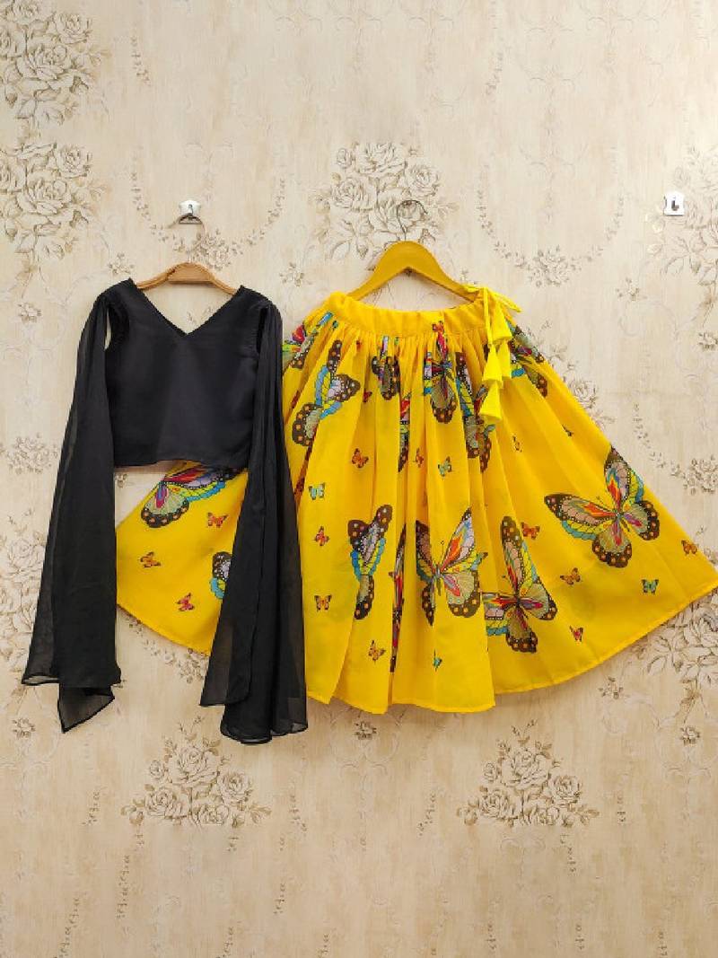 Girls yellow printed drawstring lehenga choli