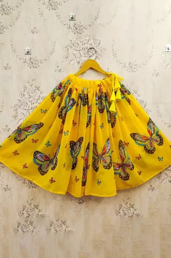Girls yellow printed drawstring lehenga choli