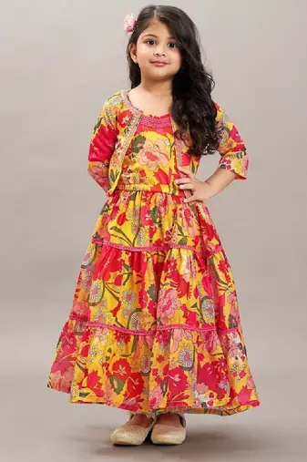 Girls floral print tiered gown maxi dress with jacket