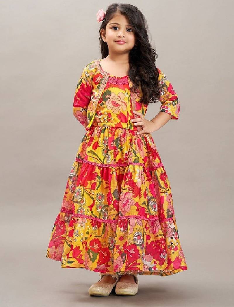 Girls floral print tiered gown maxi dress with jacket