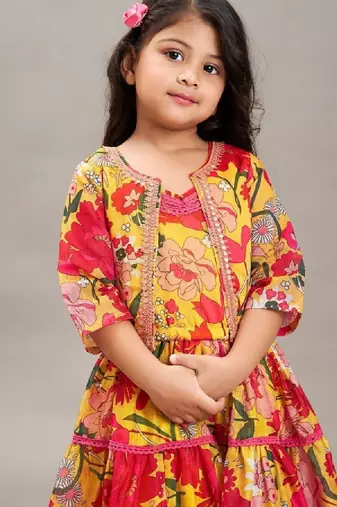 Girls floral print tiered gown maxi dress with jacket