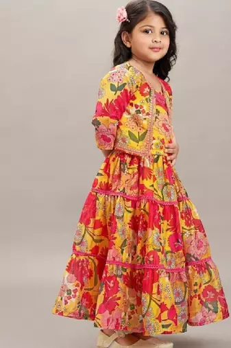 Girls floral print tiered gown maxi dress with jacket