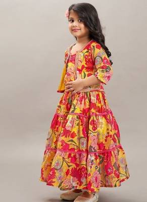Girls floral print tiered gown maxi dress with jacket 4
