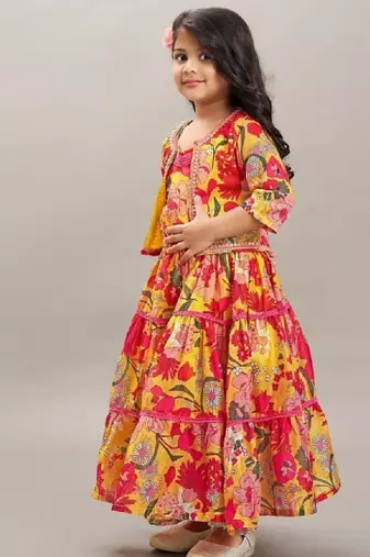Girls floral print tiered gown maxi dress with jacket