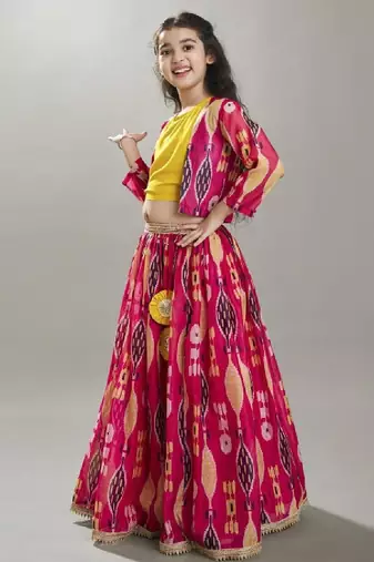 Girls ikat digital printed ready to wear lehenga & blouse with jacket