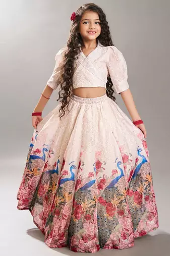 Girls digital peacock printed shirt collar ready to wear lehenga & blouse