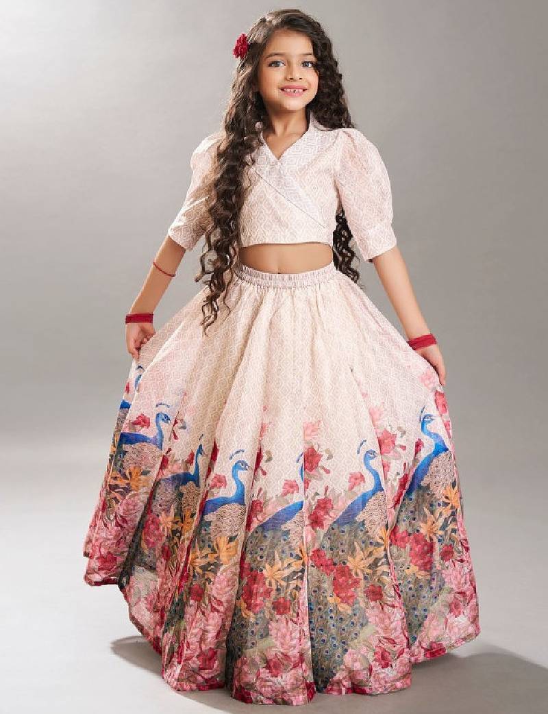 Girls digital peacock printed shirt collar ready to wear lehenga & blouse