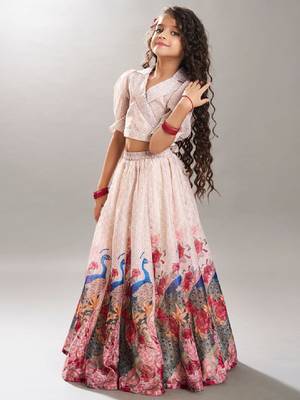 Girls digital peacock printed shirt collar ready to wear lehenga & blouse 4