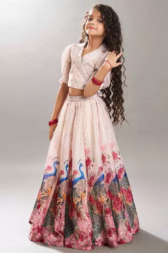 Girls digital peacock printed shirt collar ready to wear lehenga & blouse