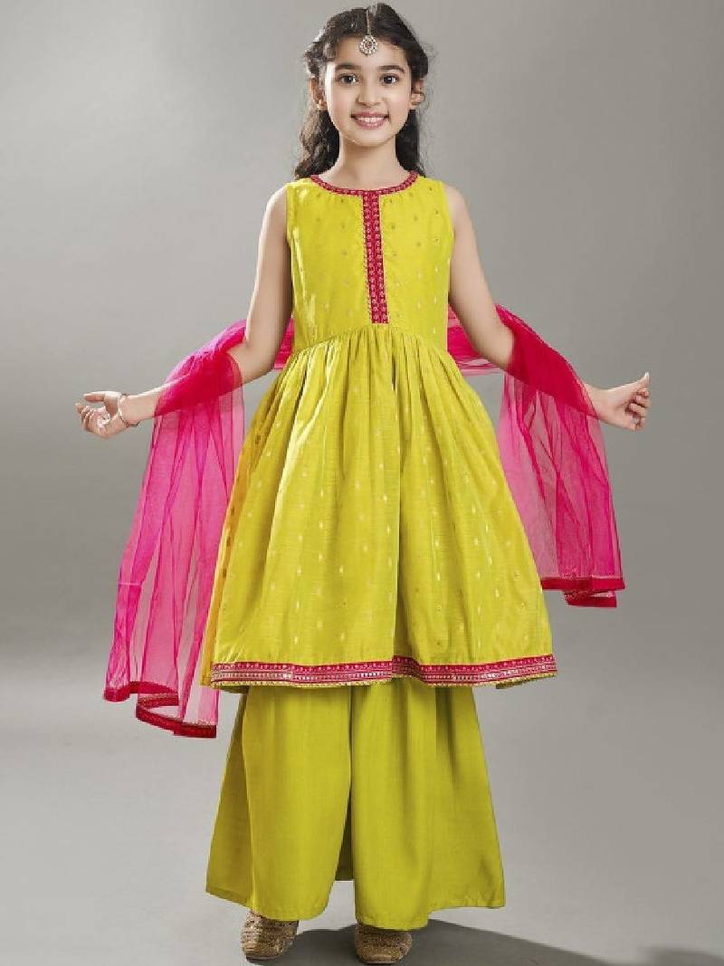 Girls floral woven design anarkali kurta with sharara & dupatta