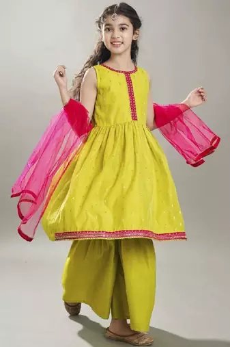 Girls floral woven design anarkali kurta with sharara & dupatta