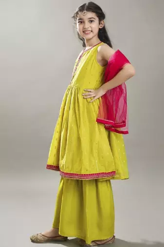 Girls floral woven design anarkali kurta with sharara & dupatta