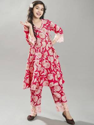 Girls floral printed angrakha pure cotton kurta with trousers 1
