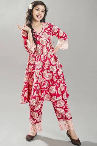 Girls floral printed angrakha pure cotton kurta with trousers