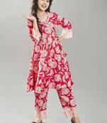 Girls floral printed angrakha pure cotton kurta with trousers