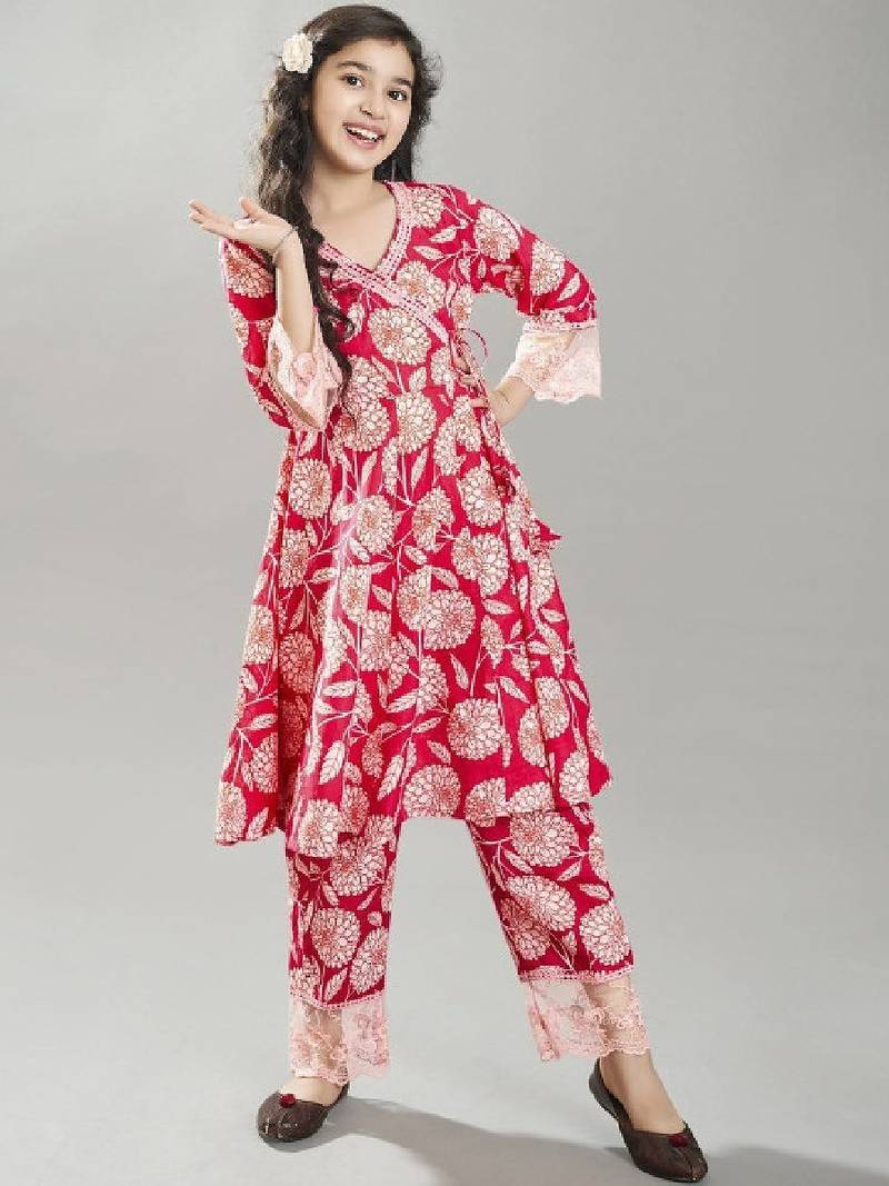 Girls floral printed angrakha pure cotton kurta with trousers