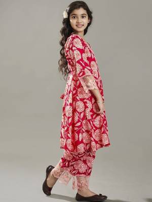 Girls floral printed angrakha pure cotton kurta with trousers 3