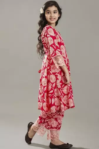 Girls floral printed angrakha pure cotton kurta with trousers