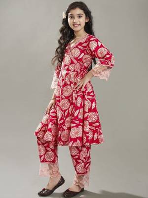 Girls floral printed angrakha pure cotton kurta with trousers 4