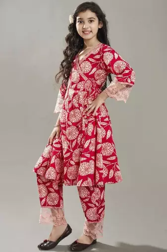 Girls floral printed angrakha pure cotton kurta with trousers