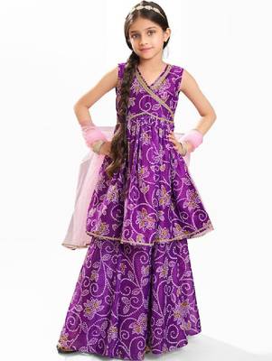 Girls bandhani printed angrakha anarkali kurta with sharara & dupatta 1