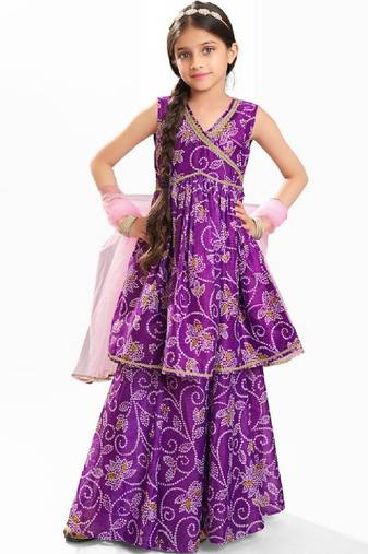 Girls bandhani printed angrakha anarkali kurta with sharara & dupatta