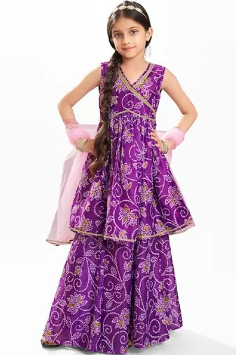 Girls bandhani printed angrakha anarkali kurta with sharara & dupatta