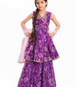 Girls bandhani printed angrakha anarkali kurta with sharara & dupatta