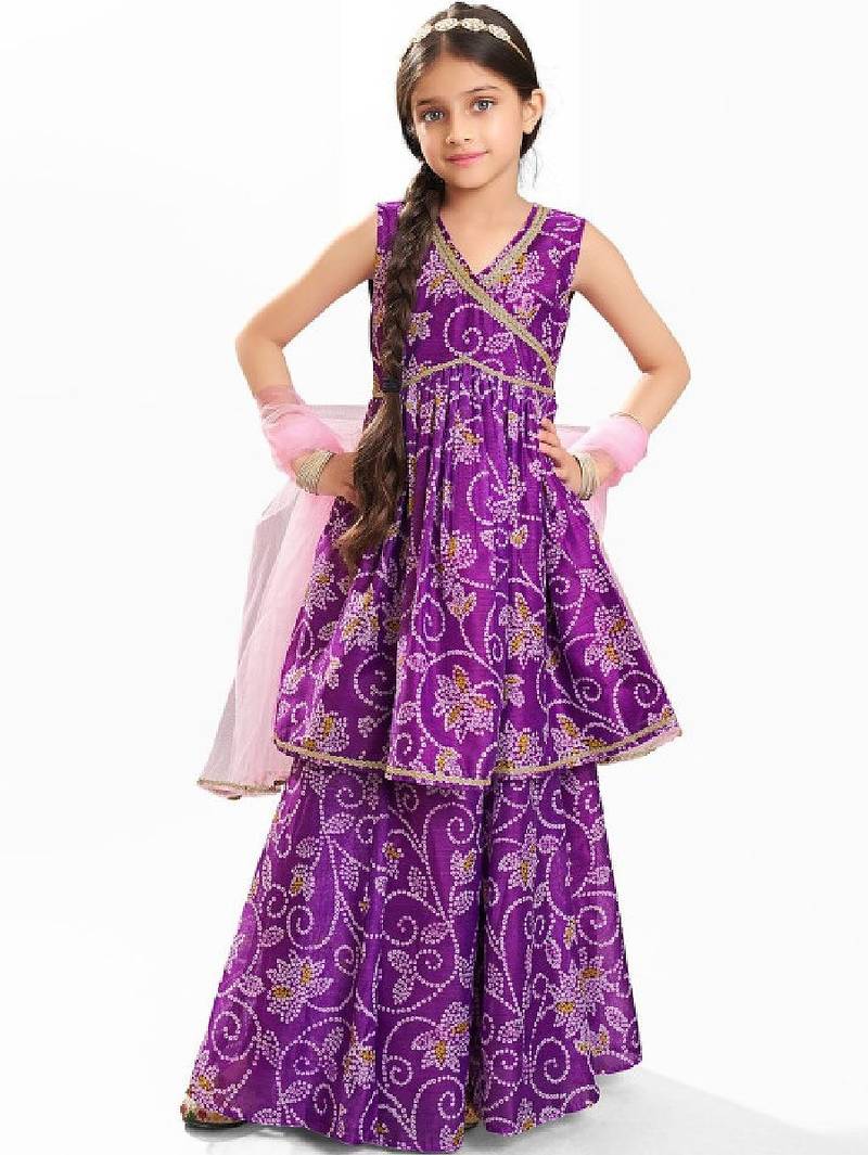 Girls bandhani printed angrakha anarkali kurta with sharara & dupatta
