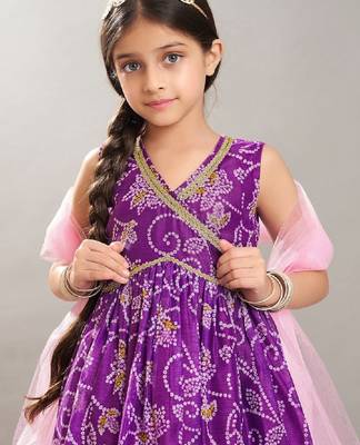 Girls bandhani printed angrakha anarkali kurta with sharara & dupatta 2