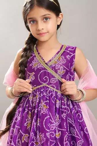 Girls bandhani printed angrakha anarkali kurta with sharara & dupatta