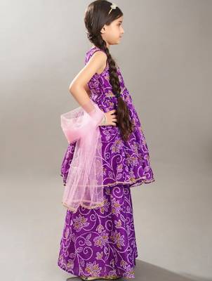 Girls bandhani printed angrakha anarkali kurta with sharara & dupatta 3