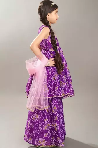 Girls bandhani printed angrakha anarkali kurta with sharara & dupatta