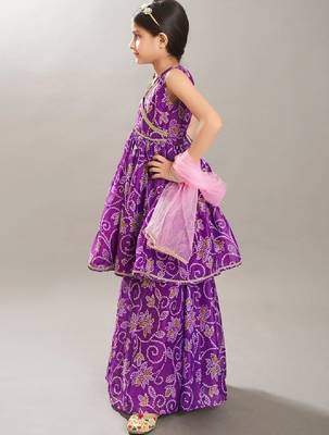 Girls bandhani printed angrakha anarkali kurta with sharara & dupatta 4