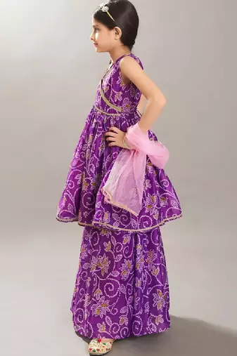 Girls bandhani printed angrakha anarkali kurta with sharara & dupatta