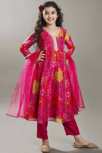 Girls floral printed kurta with trousers & dupatta