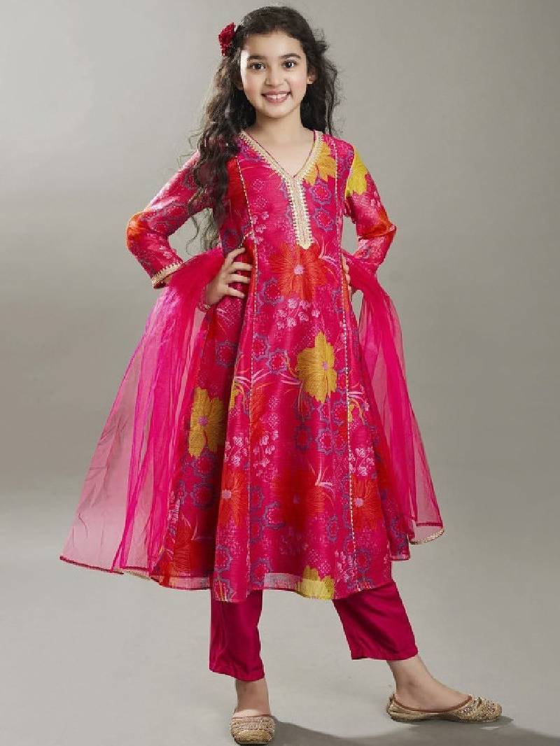 Girls floral printed kurta with trousers & dupatta