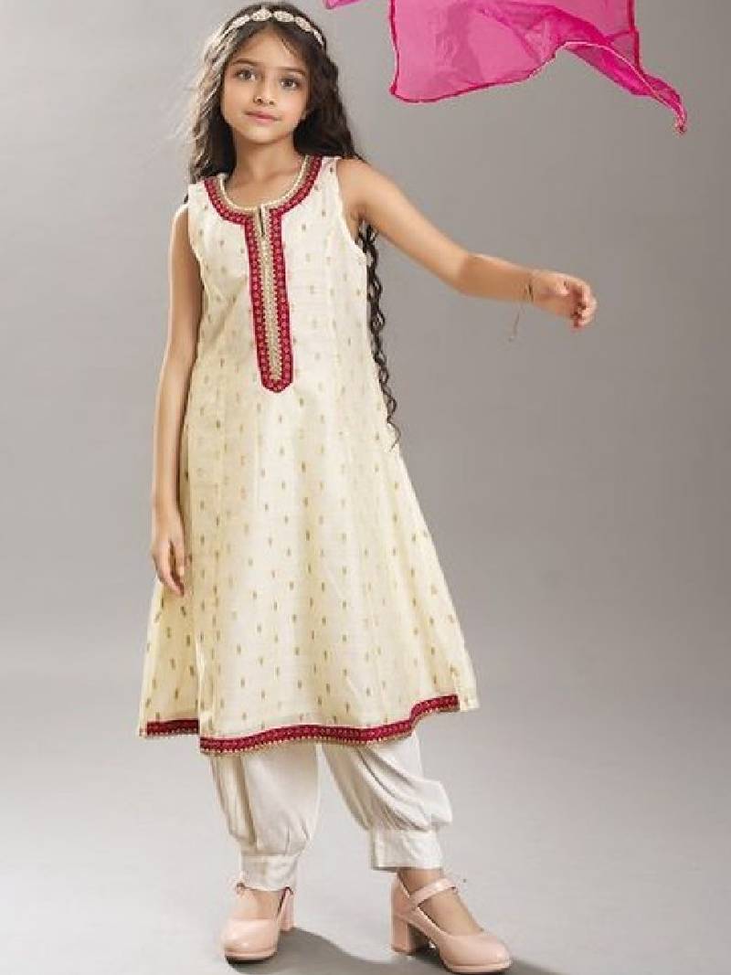 Girls ethnic motifs woven design sequinned kurta with salwar & dupatta